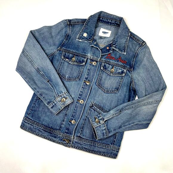 Old‎ Navy Embroidered Bae Area, Daisy & Heart Denim Jean Jacket Size Medium - Picture 1 of 9